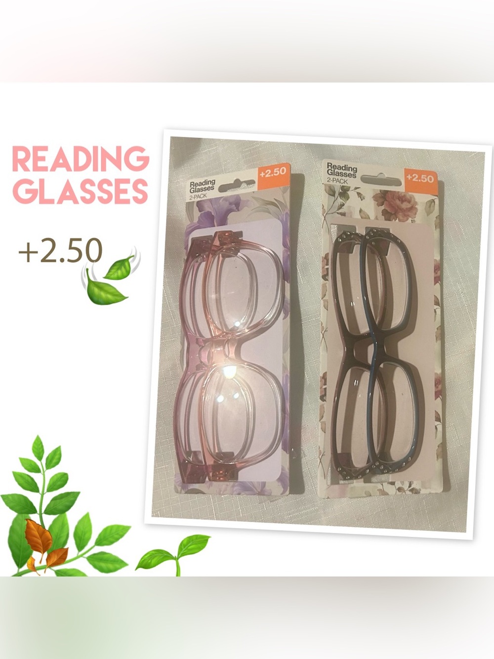 NEW- TWO 2-Pack Reading Glasses Set in Pink and Brown
